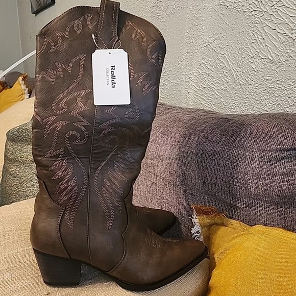 Rollda Cowboy Western Boots New Brown Tonal Stitching Sz 10M - Picture 10 of 14